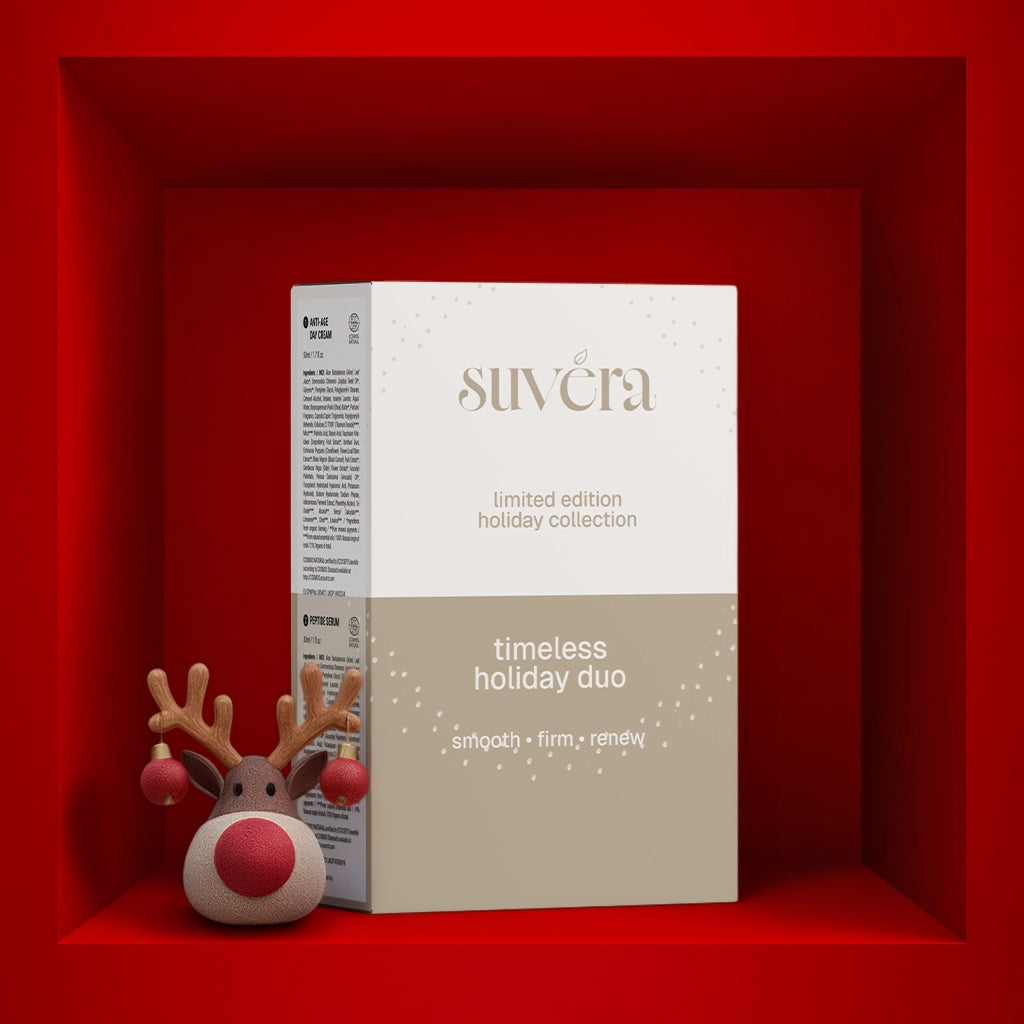 Suvera skincare product packaging with a small reindeer toy on a red background