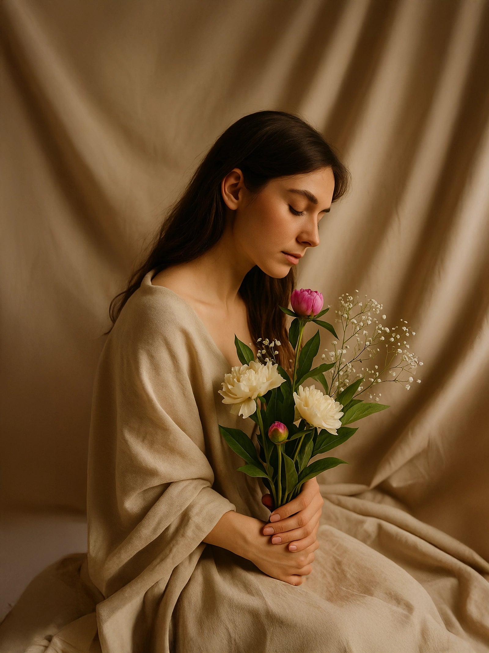 Woman holding a bouquet of flowers against a beige curtain Serene woman with closed eyes holding peonies and baby’s breath, draped in natural linen—Suvera Self Care Slow Beauty subscriptions.