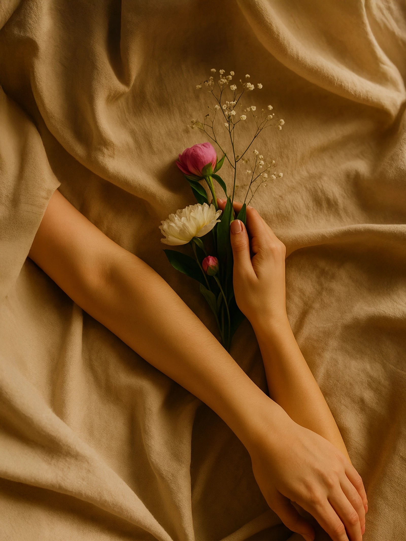 Suvéra Self Care — woman’s arms resting on soft beige linen, hand gently holding peonies and baby’s breath; calm, slow-beauty mood.