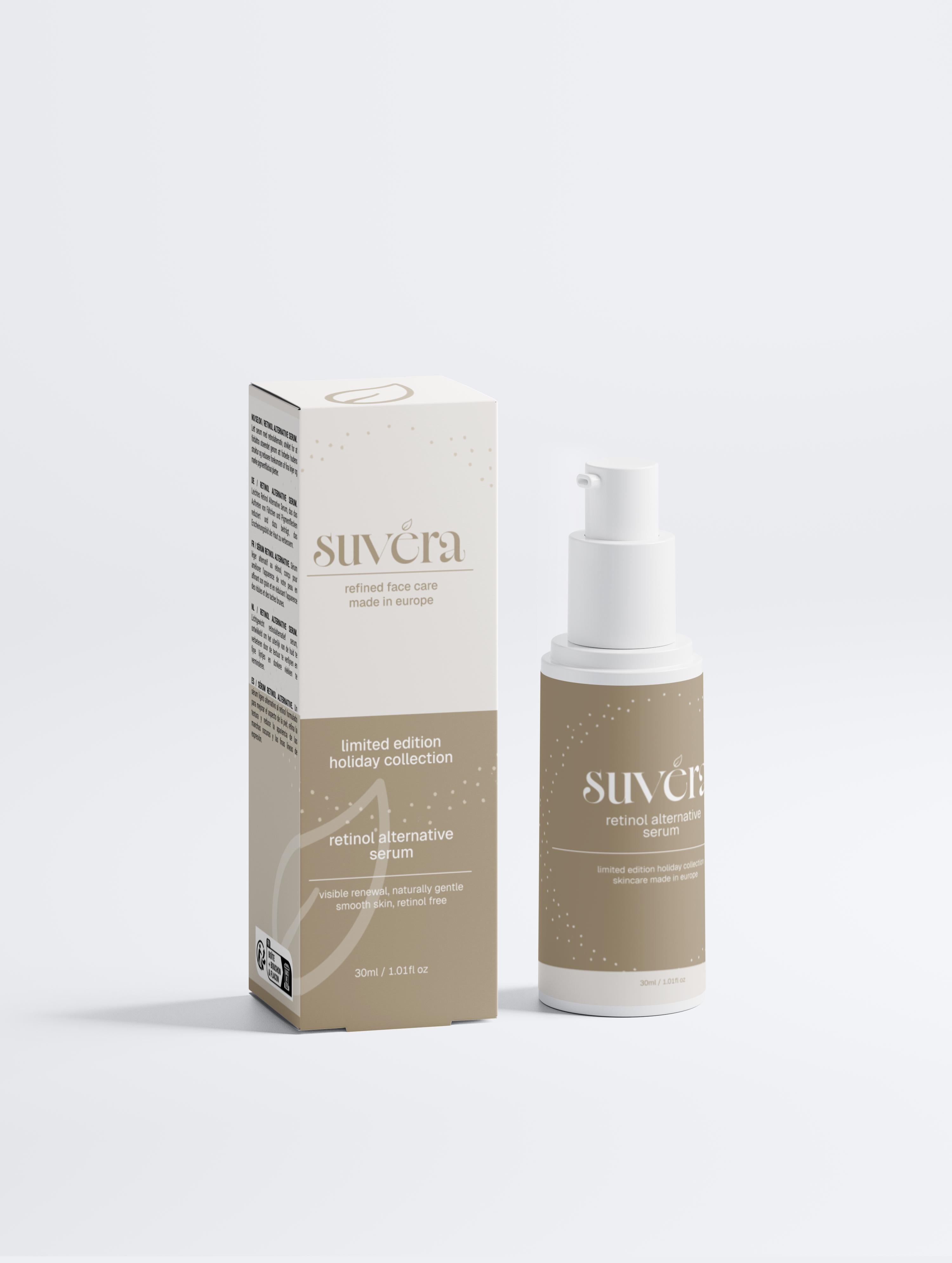 Skincare serum bottle and packaging with 'Suvera' branding on a light gray background