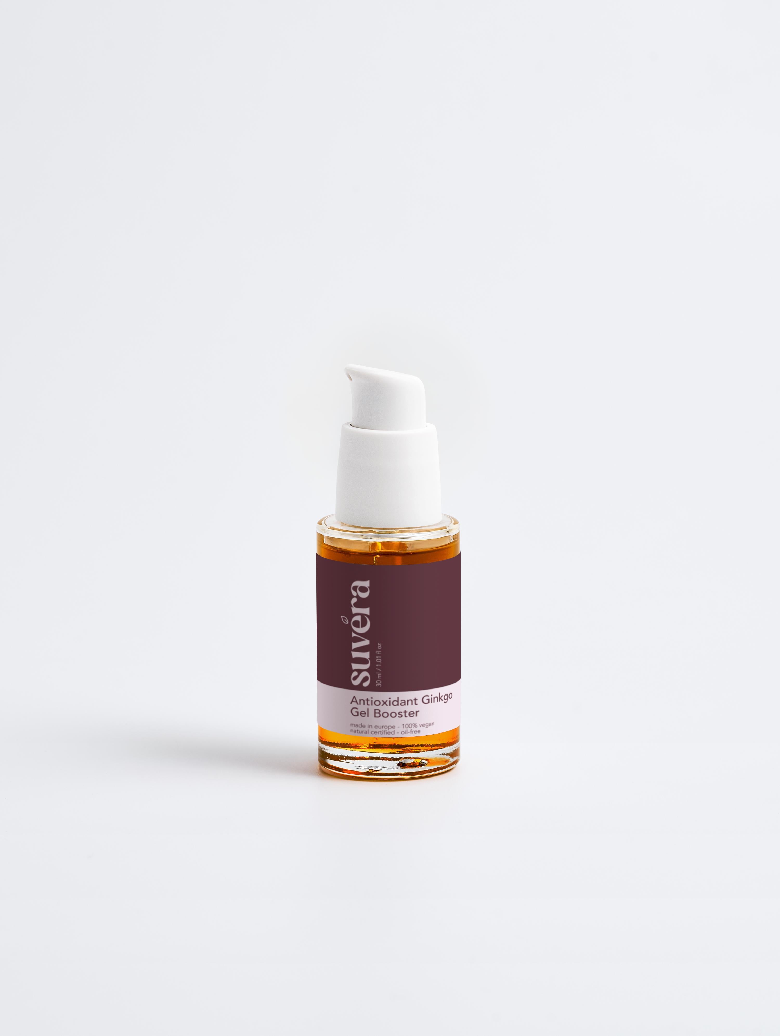 Fresh and radiant skincare visual with Suvera’s Ginkgo Gel Booster and soft minty hues
