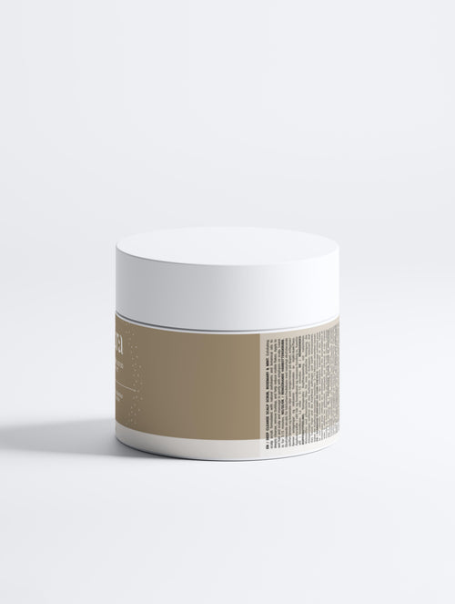 White and beige jar on a light gray background