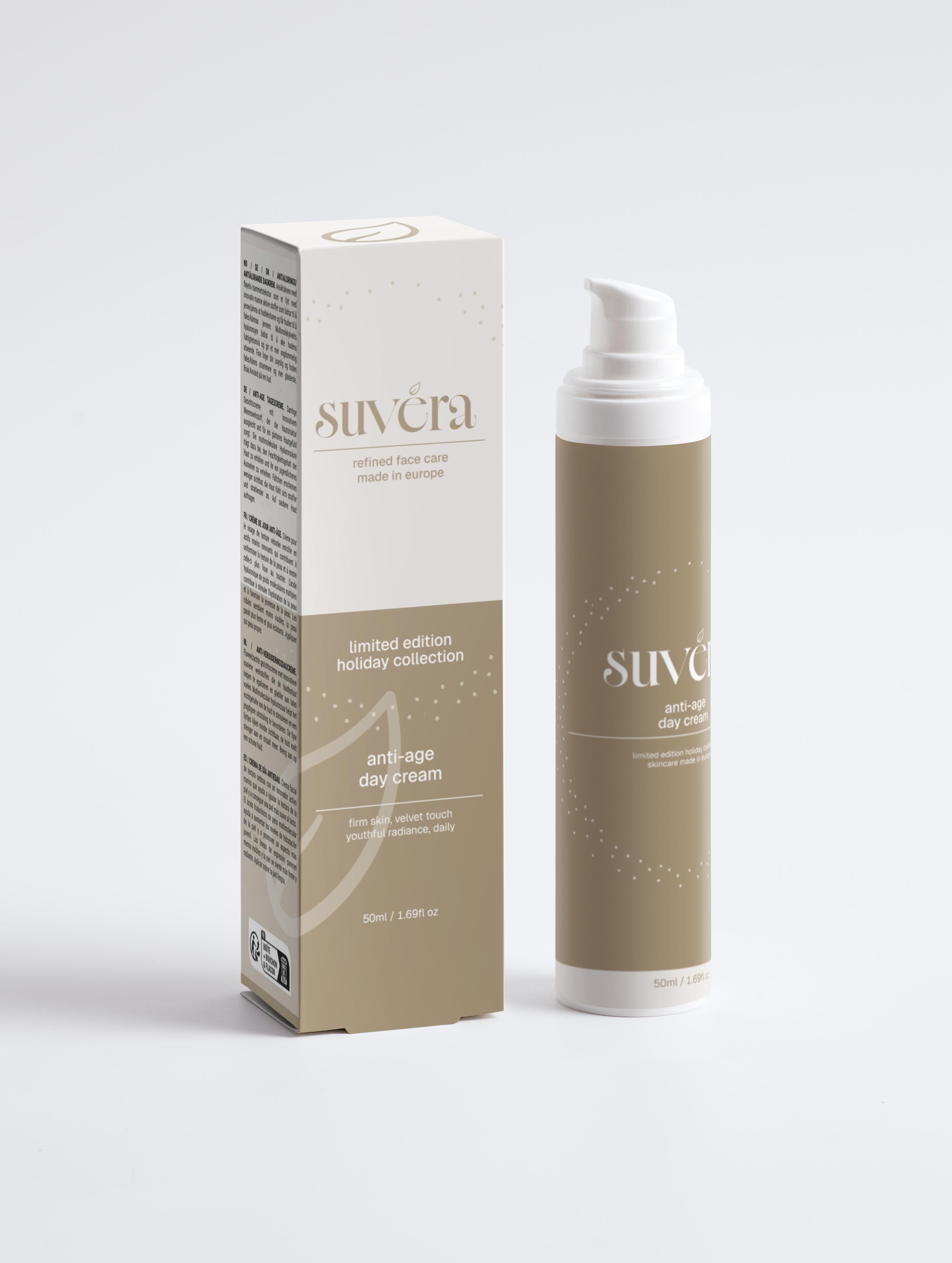 Suvera anti-aging day cream with packaging on a white background