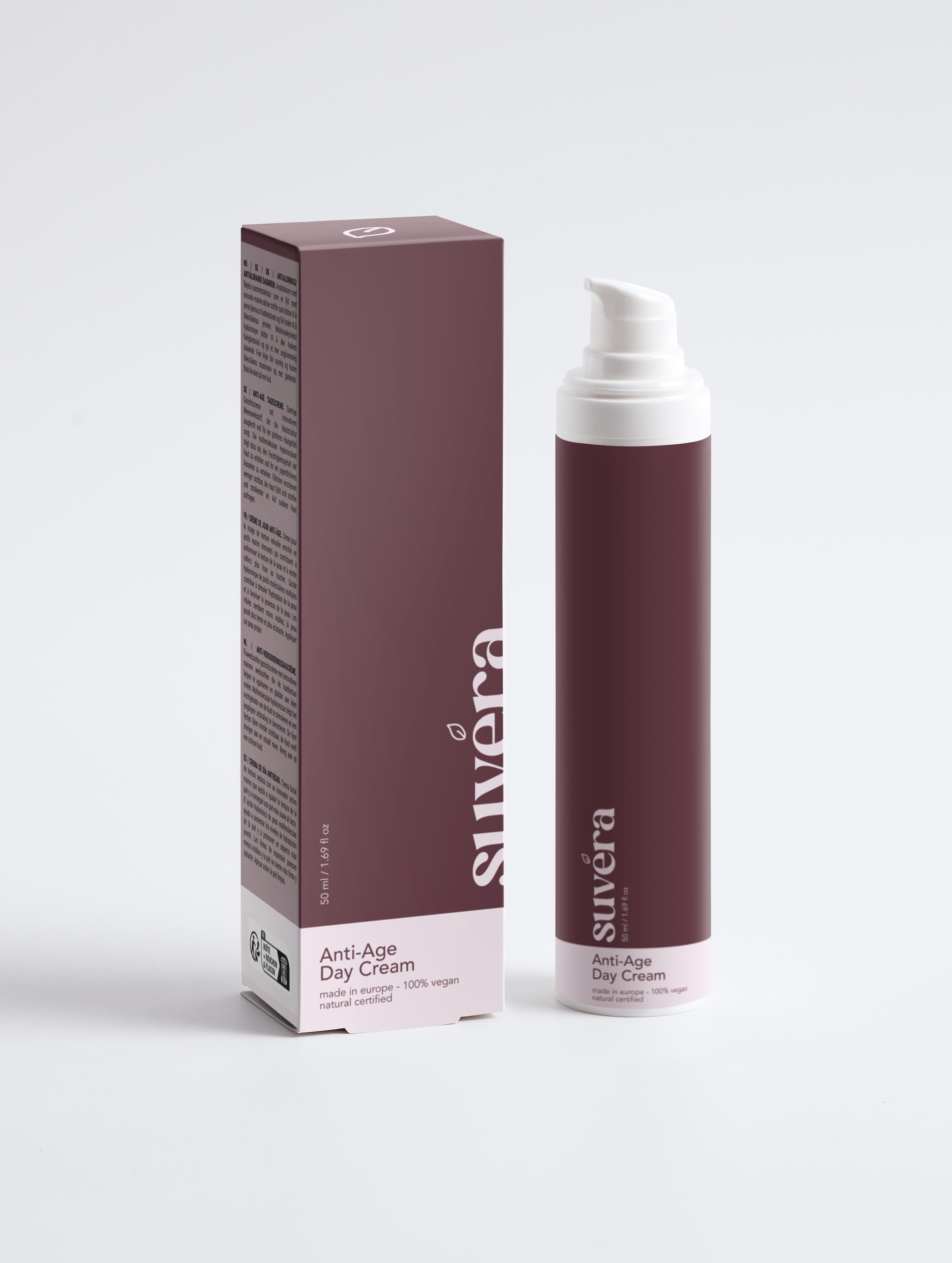 Suvera Anti-Age Day Cream bottle displayed on a sunlit bathroom counter