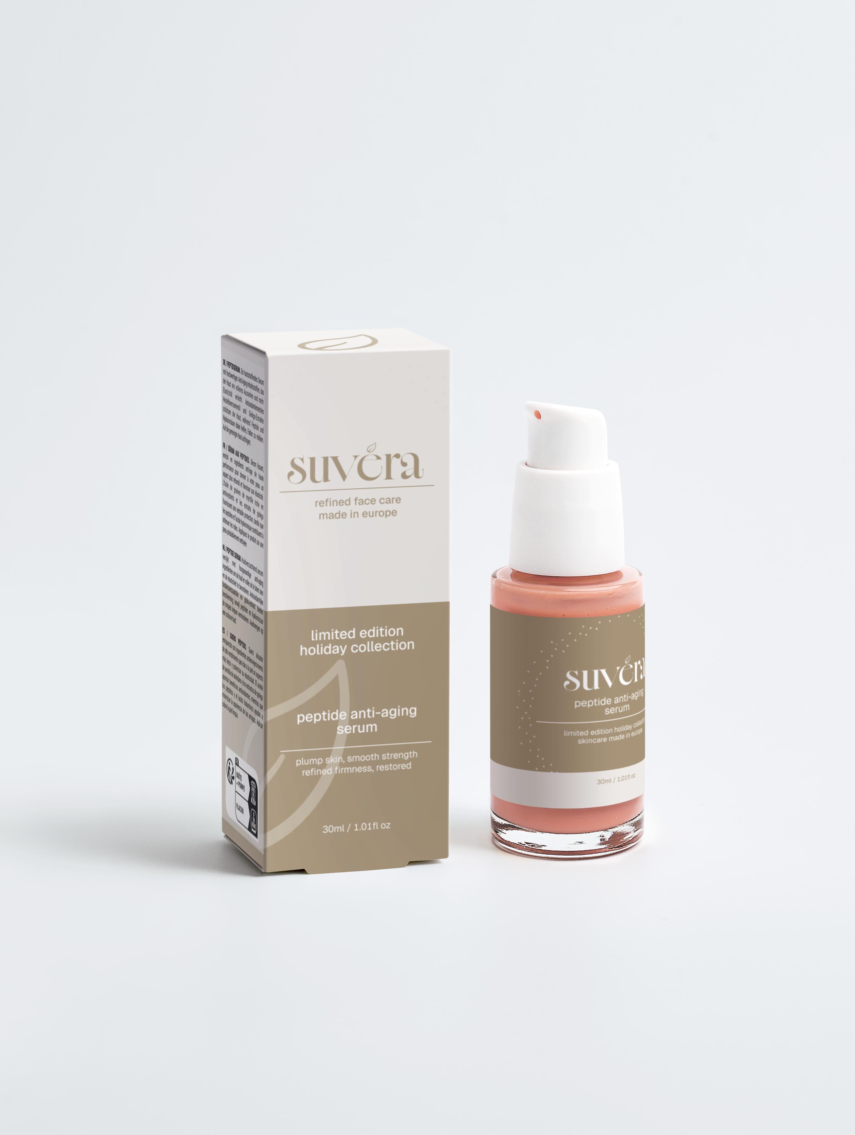 Suvera skincare bottle and box on a white background