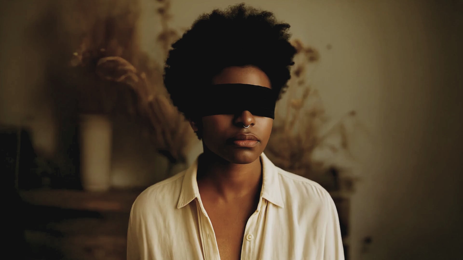 A calm, blindfolded woman in a cream shirt stands still against a backdrop of soft golden light and dried flowers. The blindfold symbolizes refusing to be misled by big beauty marketing, reflecting Suvéra Self Care’s focus on honesty, clarity, and clean skincare.