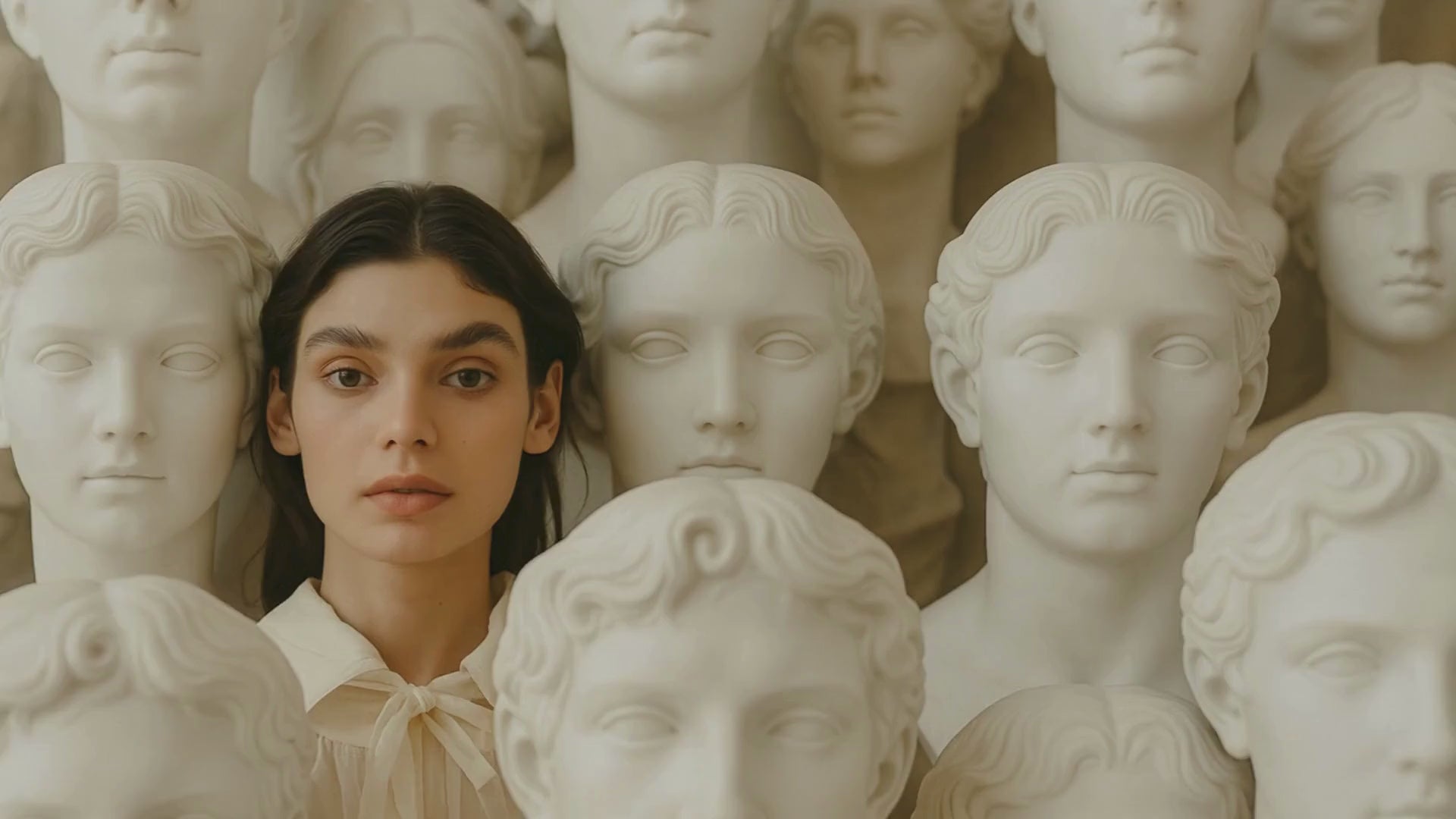 A serene woman stands among marble busts, her stillness almost sculptural, as faint light moves softly across the scene while everything else remains frozen in time.