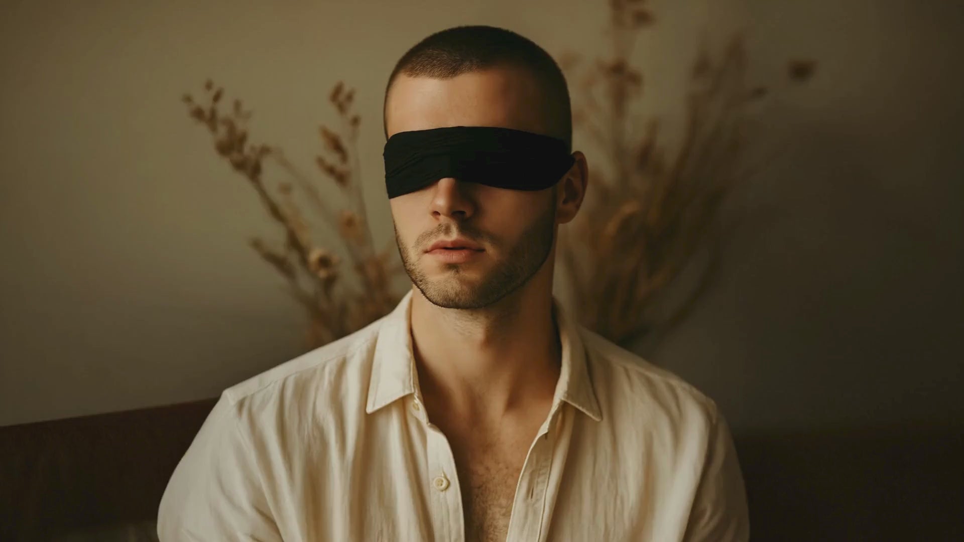 Young man blindfolded by trusting big brand Skincare brands and their empty promises. Suvera Skincare cares about you with 100% Natural and certified products. 