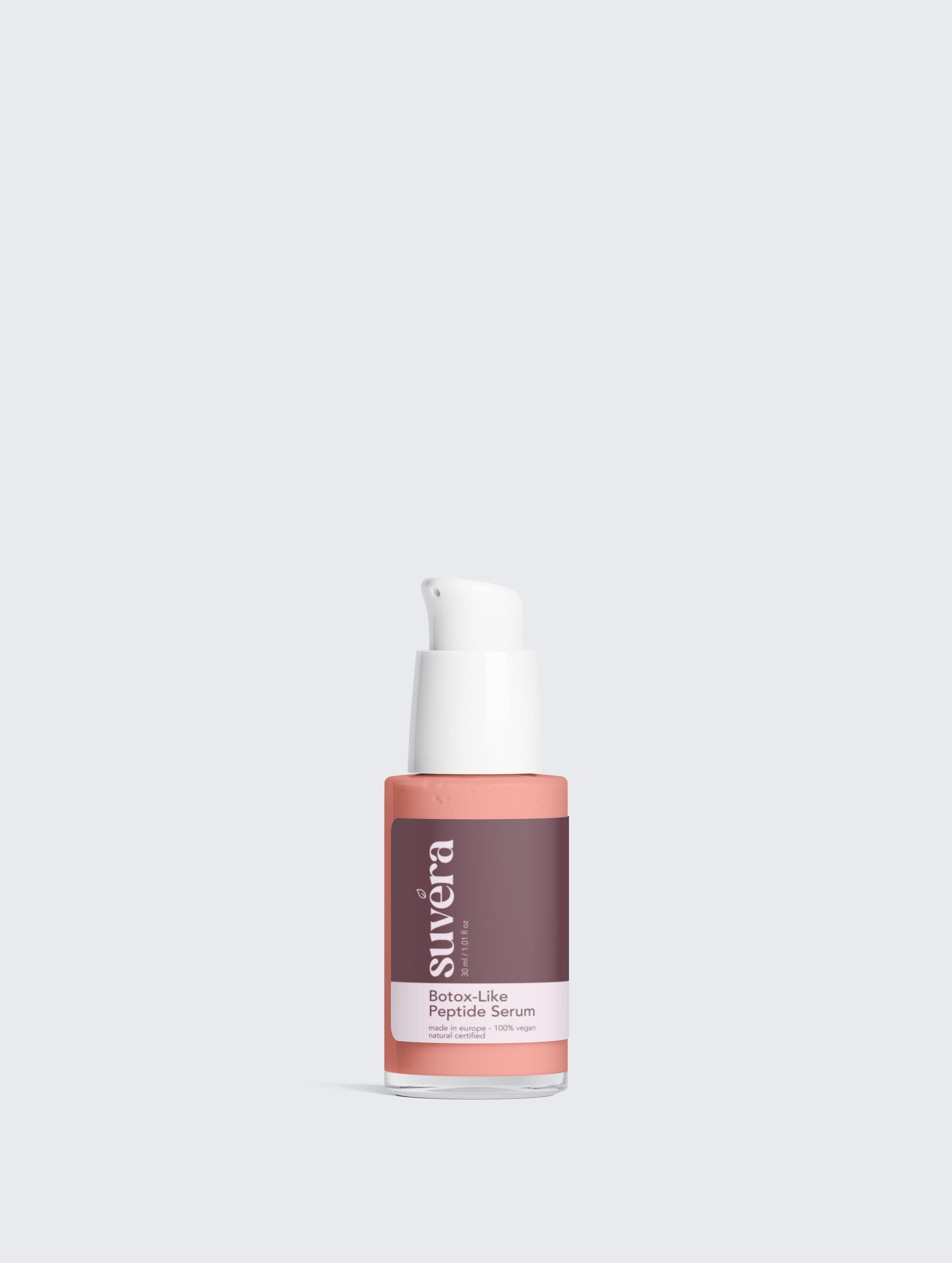 Minimalist skincare shelf styling with Suvera Botox-Like Peptide Serum as centerpiece