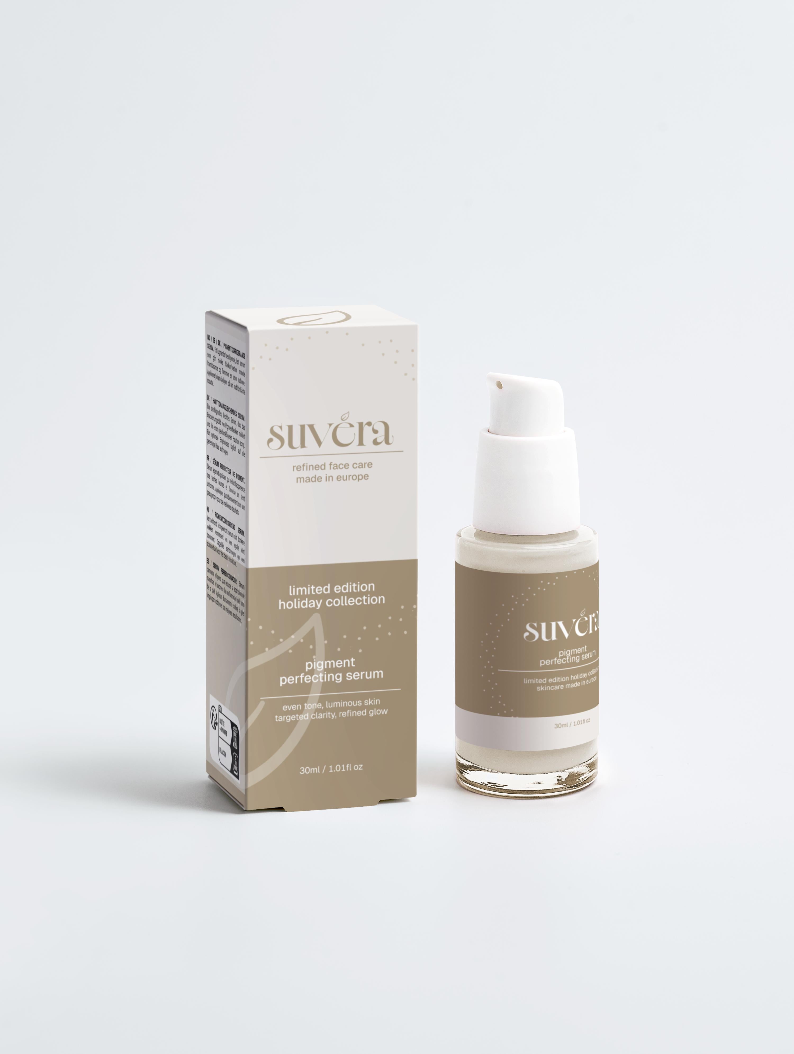 Suvera pigment perfecting serum bottle and box on a white background